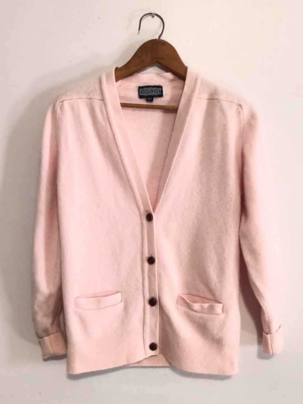 Land's End 100% Lambswool Cardigan - Light Pink Button Front Sweater - Medium